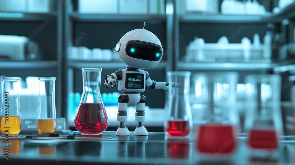 Poster friendly robot chemist in a modern laboratory setting with colorful chemical reagents in beakers and
