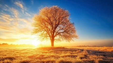 Fototapeta premium Majestic lone tree in a golden field at sunrise, surrounded by a tranquil sky and soft clouds, capturing the beauty of nature in a serene landscape.