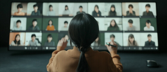 woman leads virtual meeting on large screen, engaging with multiple participants. setting is modern and professional, highlighting remote work dynamics and digital communication