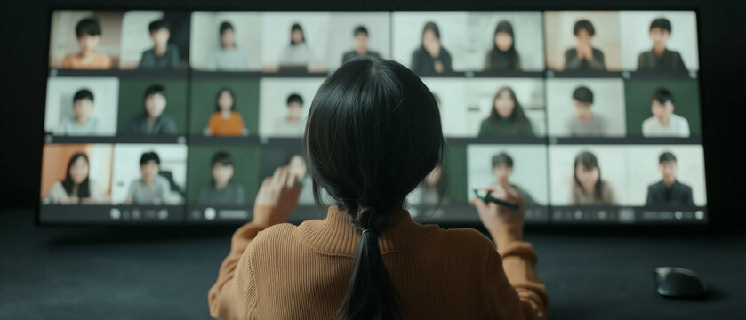 woman leads virtual meeting on large screen, engaging with multiple participants. setting is modern and professional, highlighting remote work dynamics and digital communication