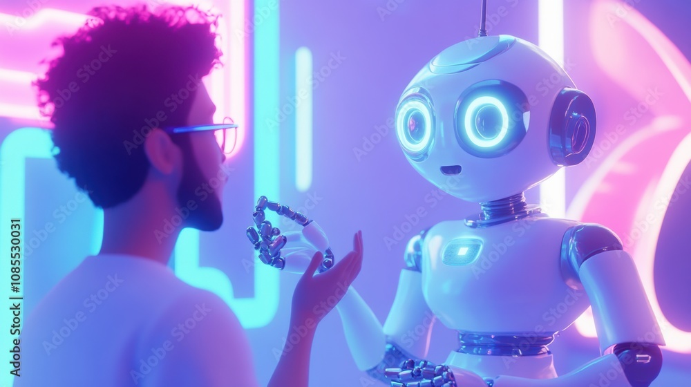 Poster human and robot interaction in futuristic neon environment showcasing advanced ai technology and emo