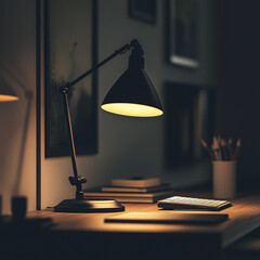 A modern desk lamp illuminated in a dark room