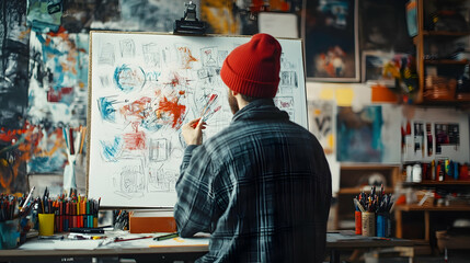 Obraz premium Creative artist painting abstract artwork in studio space urban environment close-up perspective artistic expression