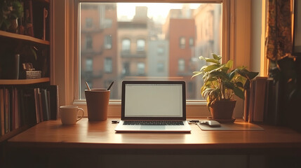 Fototapeta premium Home office inspiration cozy workspace with laptop indoor plants natural light urban setting minimalist design for productivity