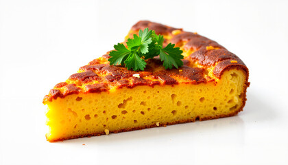 Slice of cornbread with parsley garnish on a white background