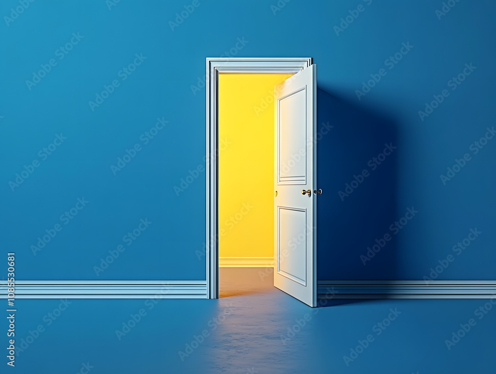 Poster 3d render, yellow light going through the open door isolated on blue background. architectural desig