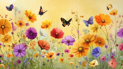 Vibrant Wildflower Meadow with Colorful Butterflies and Soft Sunlit Background, Perfect for Nature and Spring-Themed Projects
