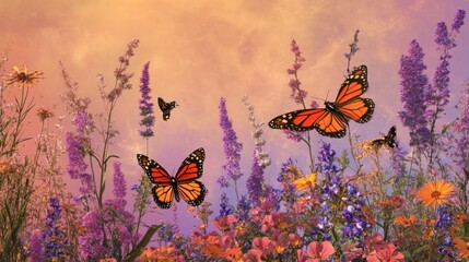 Vibrant Butterfly Garden with Colorful Flowers Under Sunset Sky Capturing the Essence of Nature's Beauty and Serenity in a Perfect Spring Scene