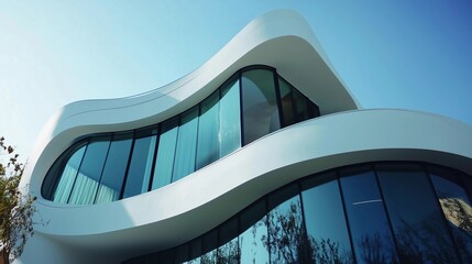 A modern building with white curved walls and glass windows against the blue sky, showcasing an architectural masterpiece that blends seamlessly