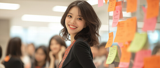 young businesswoman smiles confidently during brainstorming session, surrounded by colorful sticky notes in modern office environment