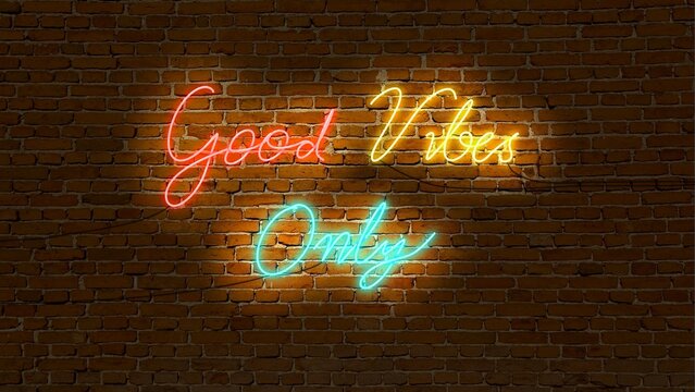 Vibrant neon lights spell out "Good Vibes Only" on a brick wall, creating a bold, energetic and modern visual display - Powered by Adobe