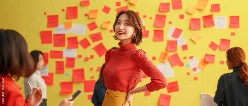 Aufkleber confident young businesswoman in red top stands in front of vibrant yellow wall covered with colorfu
