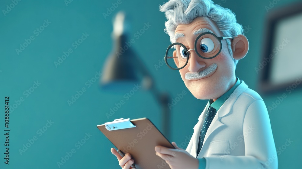 Poster cartoon scientist character with glasses and clipboard in a vibrant laboratory setting, showcasing a