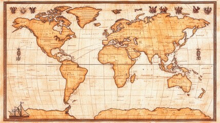 A vintage map of the world, featuring intricate details, compass roses, and decorative elements, showcasing historical maritime routes and geography.