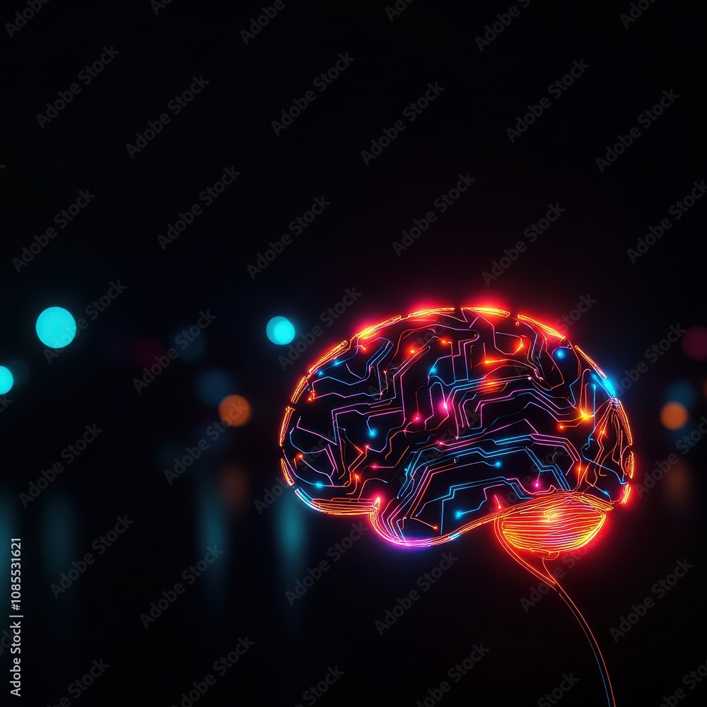 Poster a futuristic brain design illuminated with vibrant colors, symbolizing innovation and advanced techn