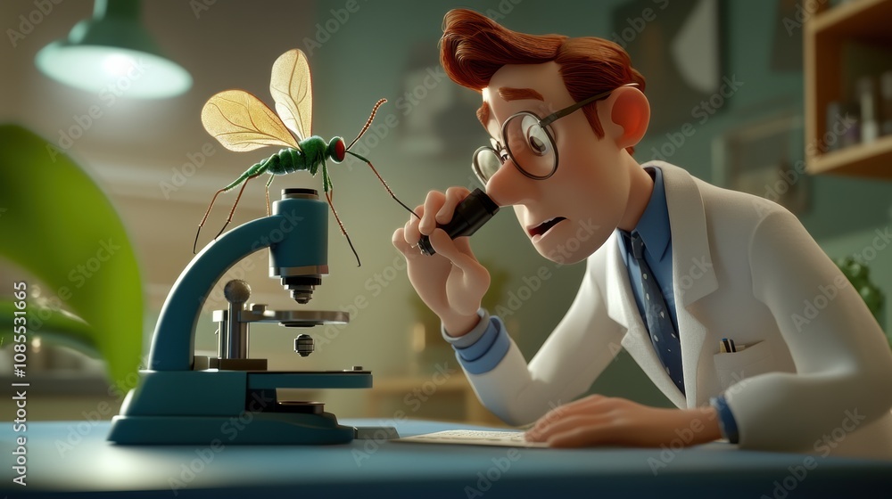 Poster a scientist observing an insect under a microscope in a modern laboratory environment with attention