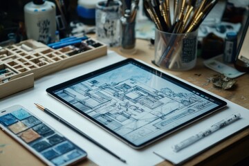 Digital drawing setup with art supplies.