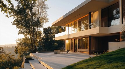 A modern house with large windows and concrete walls, overlooking the hillside of Stordalik. A representation of sustainable living, featuring minimalist architecture