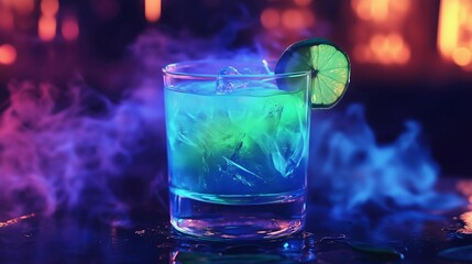 A blue and green cocktail in an elegant glass, garnished with a lime slice and surrounded by smoke