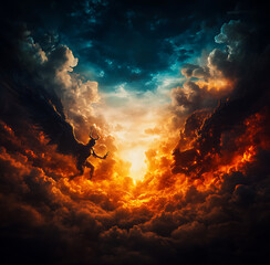 Fototapeta premium A battle between an angel and the devil, the background depicts heaven on one side and hell on the other