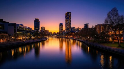 Serene Sunrise Over a Scenic Urban Skyline Reflected in Water with Lights and Colorful Glow in a Modern Cityscape at Dawn