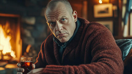 Fototapeta premium man in cozy sweater enjoys drink by fireplace in rustic cabin, creating warm and inviting atmosphere. setting exudes comfort and relaxation