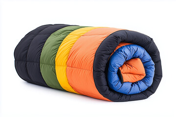 Obraz premium Colorful Multicolored Insulated Sleeping Bag, Folded View, Nylon Texture, Isolated on White Background