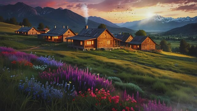 View of a small village on the plateau, 4K seamless looping virtual video animation background