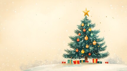 Whimsical cartoon Christmas tree illustration with colorful baubles and gold star, featuring vintage beige background and minimalist festive design style.