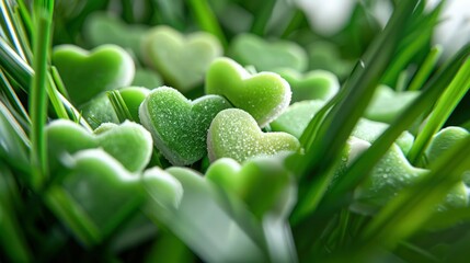 A close-up of heart-shaped candies nestled in lush green grass, symbolizing fresh love in spring.