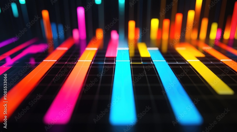 Aufkleber vibrant abstract sound wave visualization with colorful bars emitting light in a dark background for