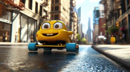 Obraz premium Cheerful Yellow Cartoon Car Skating Down a City Street on a Bright Sunny Day Surrounded by Urban Buildings and Trees in a Vibrant Animated Environment