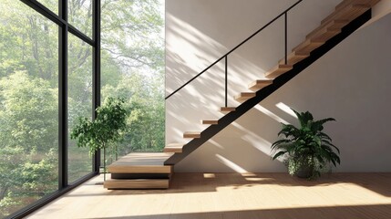 Modern Minimalist Staircase in Bright Room Surrounded by Greenery with Large Windows and Natural Light Flooding the Space