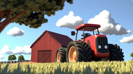 Fototapeta premium Colorful Cartoon Tractor and Barn in a Sunny Farm Landscape with Green Grass and Fluffy Clouds in a Clear Blue Sky, Perfect for Illustrating Agriculture and Rural Life Themes