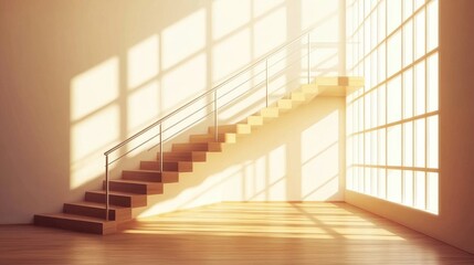 Obraz premium Bright and Airy Interior with Elegant Wooden Stairs and Sunlight Filtering Through Large Windows in a Modern Minimalist Space