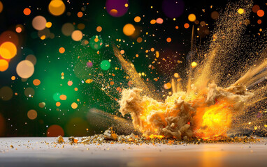 vibrant explosion of colorful powder against dark background creates dynamic and energetic scene, with particles scattering in all directions