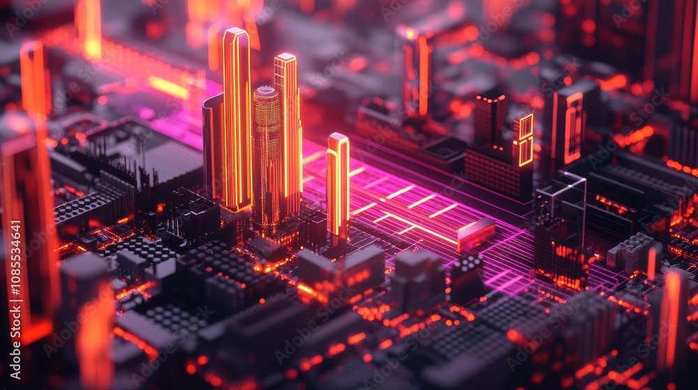 Poster futuristic cityscape with neon lights and circuit patterns, showcasing technological advancement and
