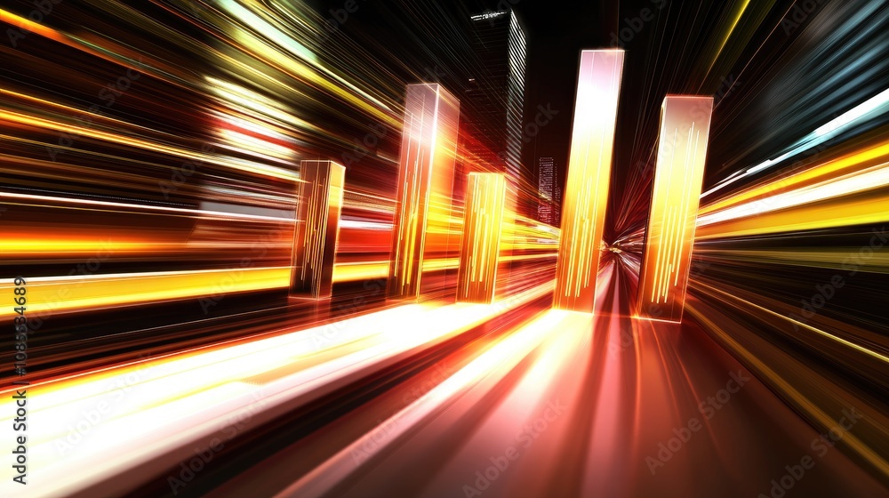 Poster abstract visualization of financial growth with dynamic light trails and vibrant colored bars illust