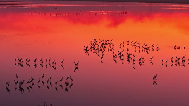 Winter migratory birds and white cranes at sunset