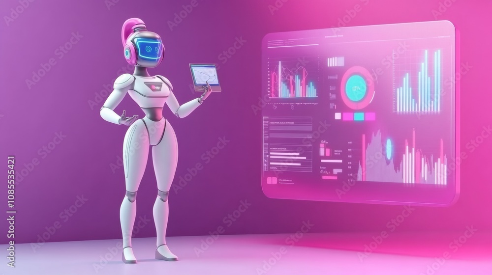 Poster futuristic robot presenting data insights on a high-tech screen with colorful graphs and metrics in 
