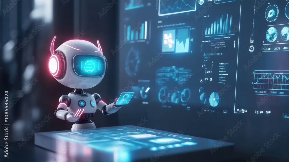 Aufkleber cute futuristic robot interacting with holographic data displays in a modern digital environment, sh