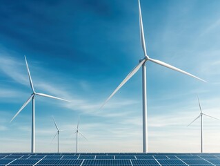 A panoramic view of wind turbines and solar panels under a clear blue sky, showcasing renewable energy and sustainability.