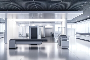 Sleek airport security checkpoint features advanced scanning equipment spacious layout, facilitating efficient passenger flow while ensuring safety measures are in place.