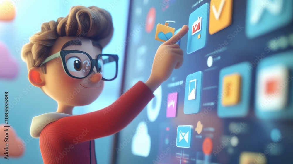 Poster cheerful boy interacting with colorful app icons on a touchscreen display, embodying digital learnin