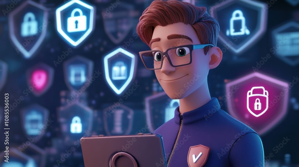 Poster animated character in modern cybersecurity setting, smiling while holding a tablet in front of a bac