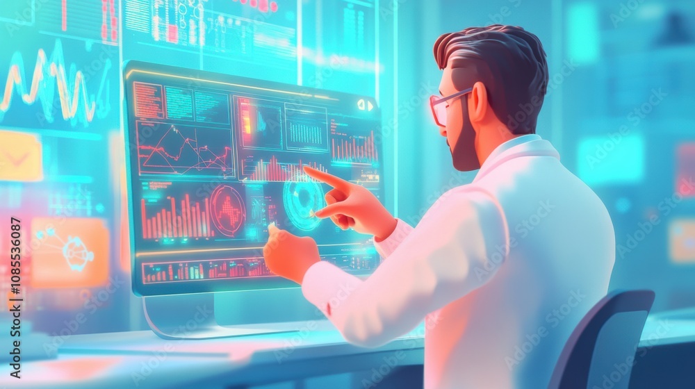 Poster professional scientist analyzing data on advanced technology screen with colorful graphs and charts 