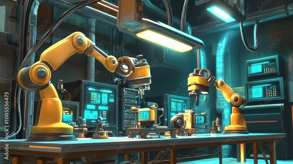 Poster advanced robotics lab with industrial automation: cutting-edge technology and precision engineering 