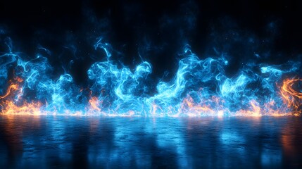 Electric blue flames dancing against black background, creating mystical fire wall effect with ethereal glow and supernatural atmosphere on reflective surface.