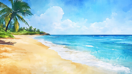 Tranquil beach scene with clear blue water and palm trees under a sunny sky