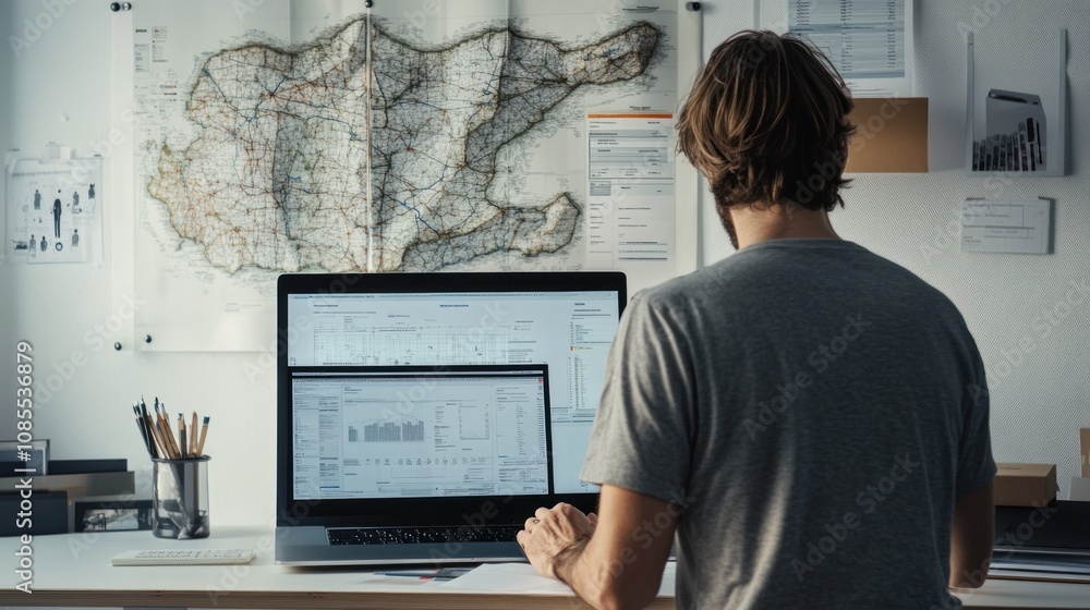 Poster person working on a laptop with a map in the background, focused on data analysis.